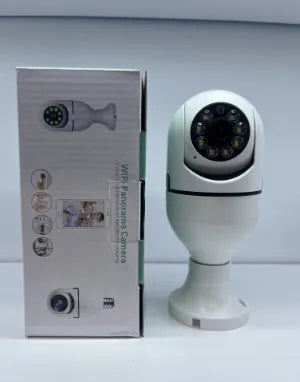 Compact bulb security camera with 5cm x 12cm dimensions showing lens and wifi connectivity for 1080p monitoring
