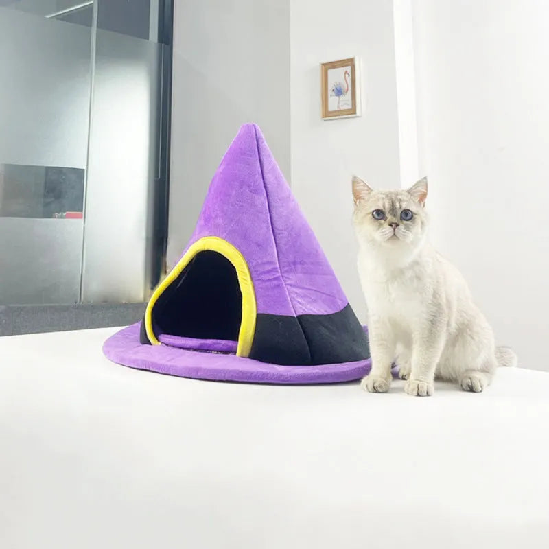 Purple Halloween witch hat shaped cat nest measuring 60x45cm with cloth construction