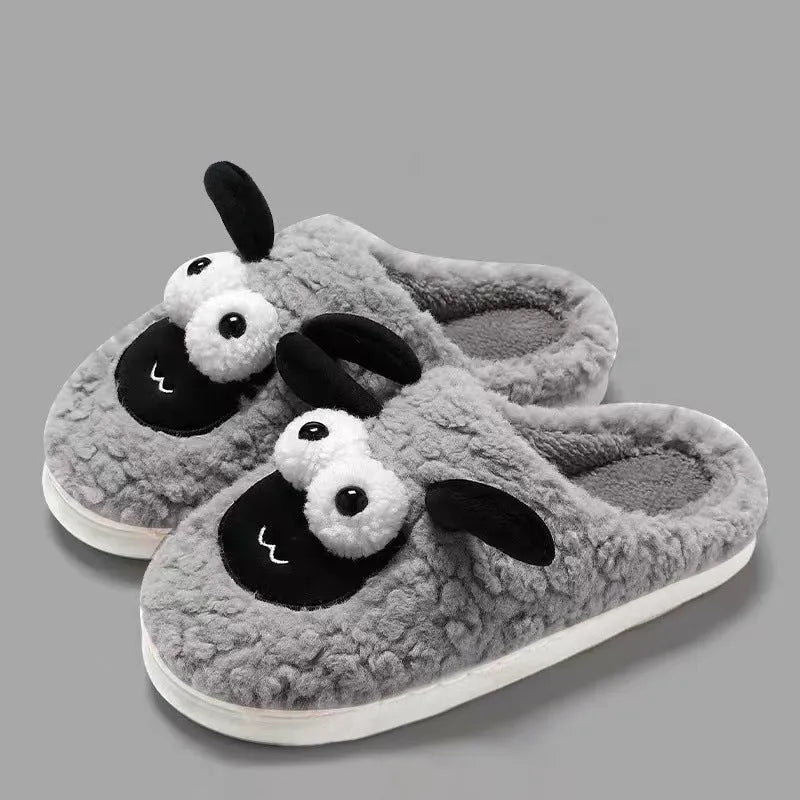 Slip-on slippers with suede upper and PVC sole in white, grey, or brown, showing sewn construction and UK sizes 36-45