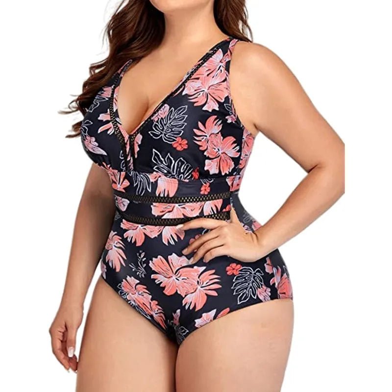 Women's plus-size black bikini with printing, mesh fabric stitching, sizes S to 5XL for swimming