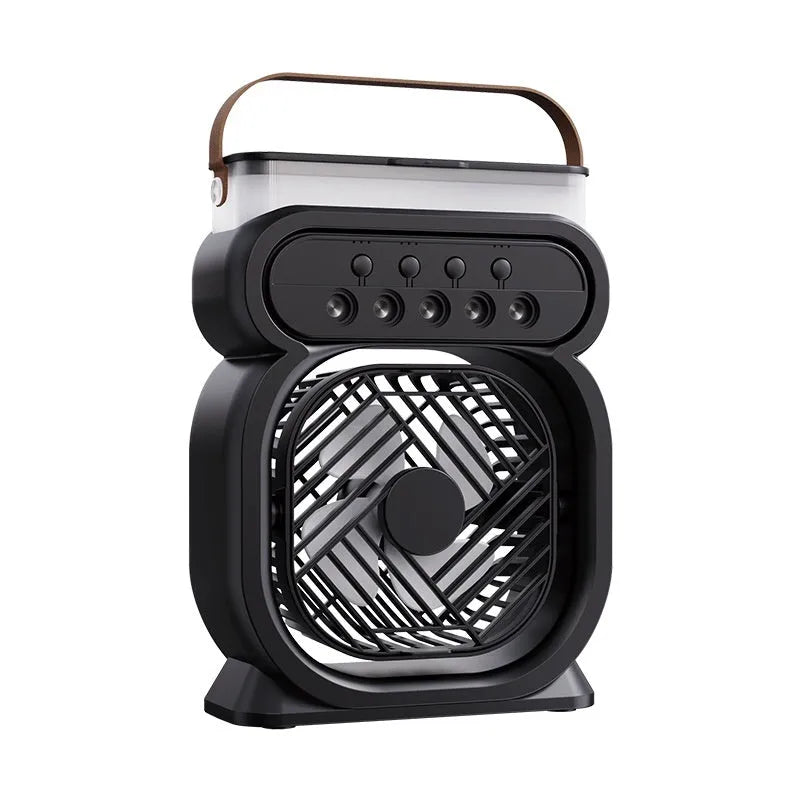 Black portable USB air cooler fan with water reservoir, 7-colour LED lights, and control buttons on a desk.
