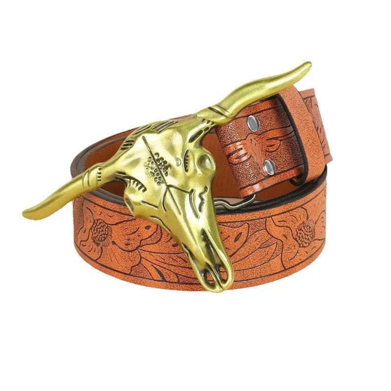 Men's black imitation leather belt with cow head alloy buckle, showing carving and embossing details, length 125cm