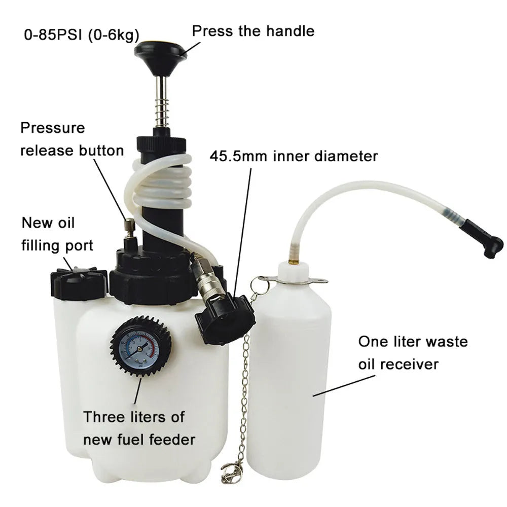 White 3-litre brake oil tank with copper and iron construction for automotive brake fluid changes