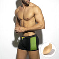 Men's polka dot print swimming boxers in black, dark blue, and yellow, with quick-dry nylon fabric