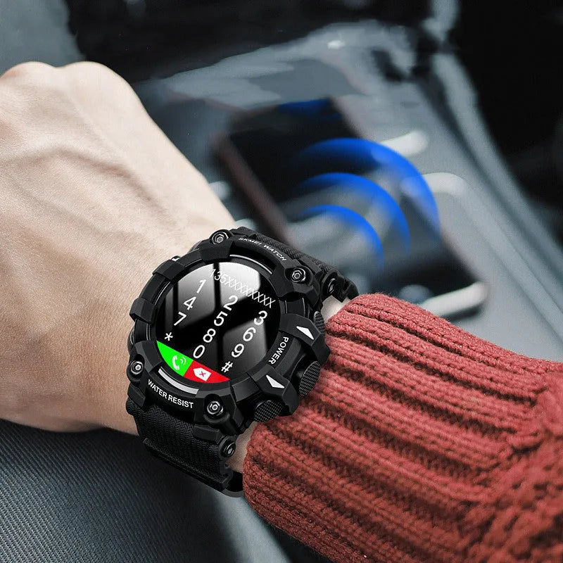 Round 56mm smart watch with touch screen showing health metrics and TPU strap in camouflage colour