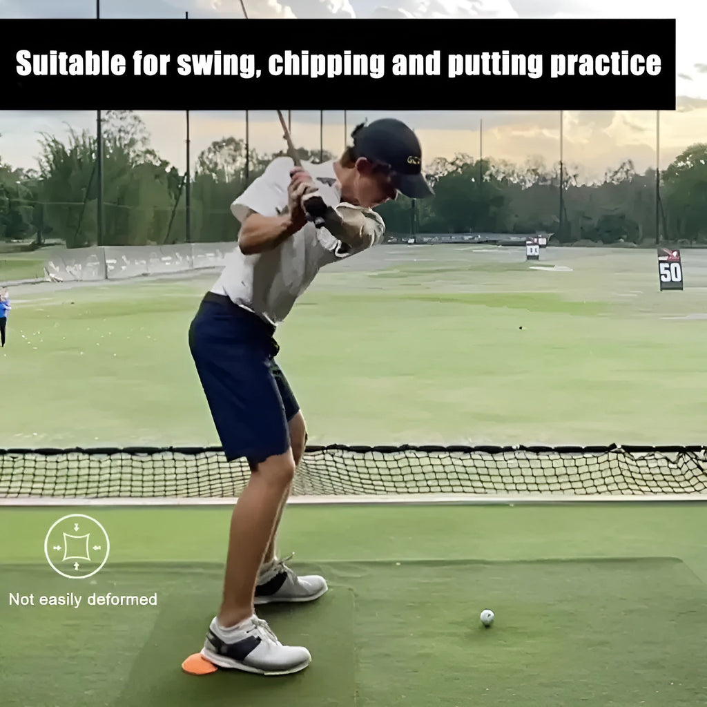 Orange natural rubber golf strength training mat for practising swing balance.