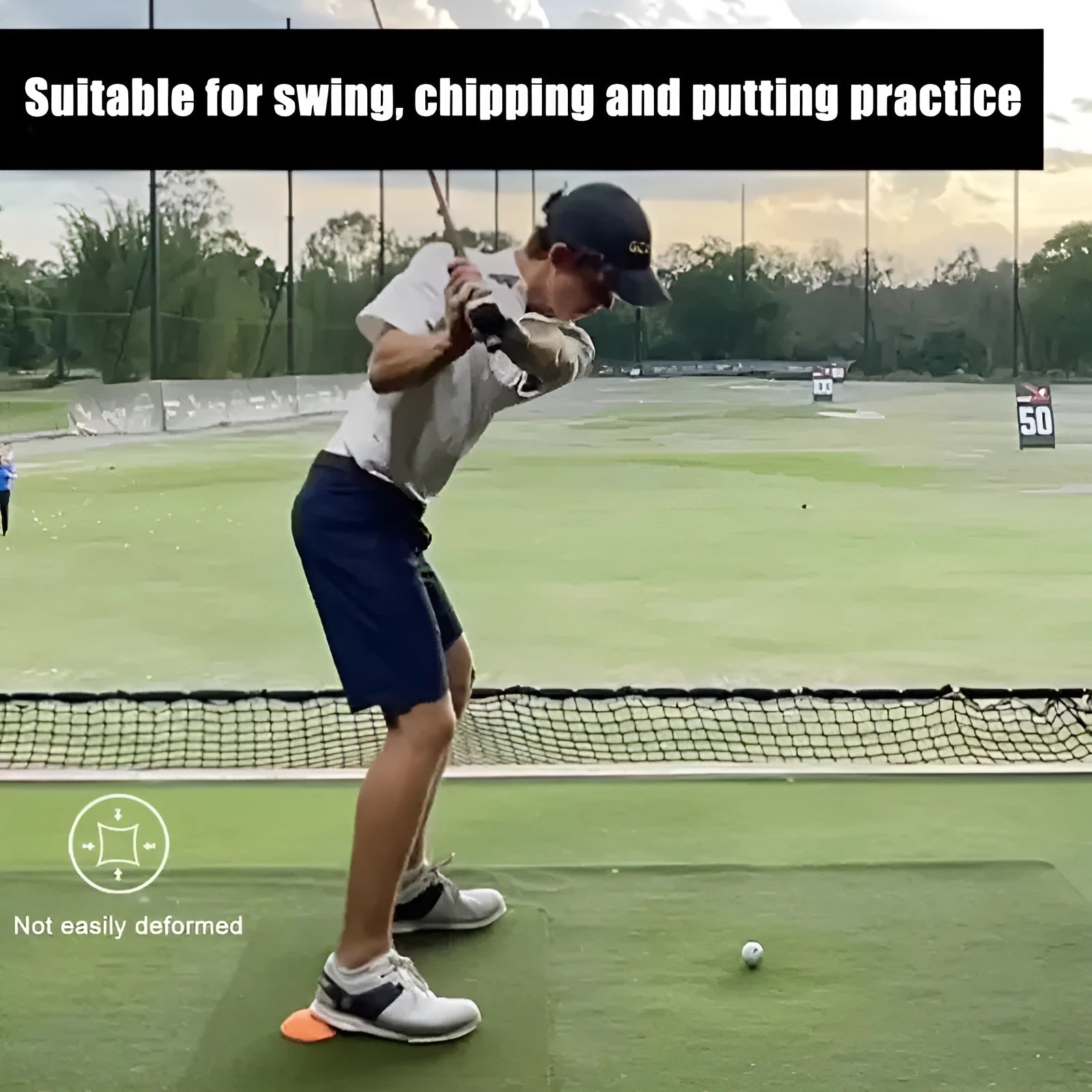 Orange natural rubber golf strength training mat for practising swing balance.
