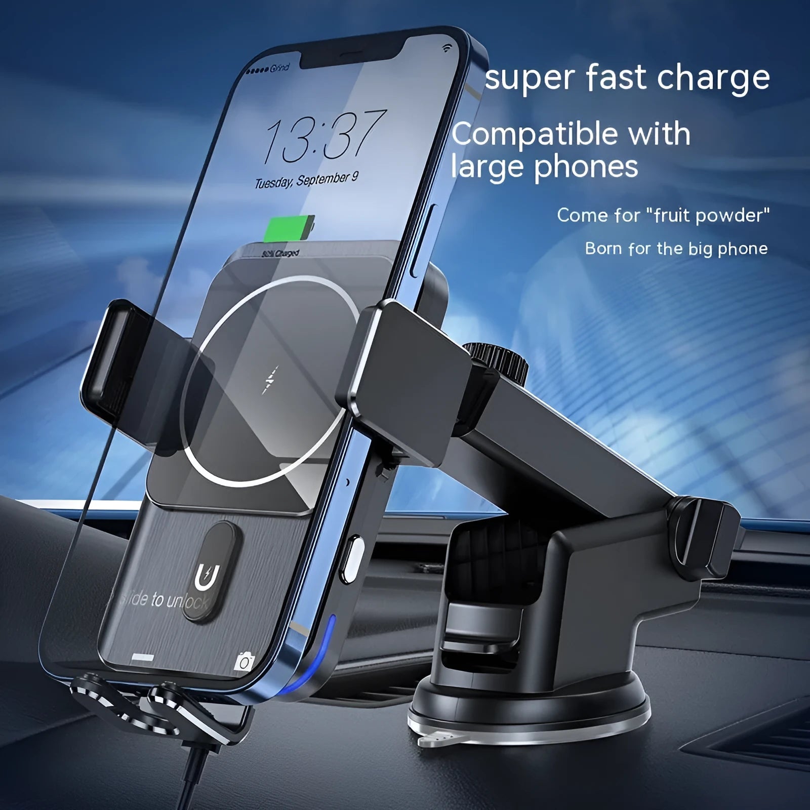 Car wireless charger phone holder with 15W fast charging in black, showing both suction cup and clip mounting options