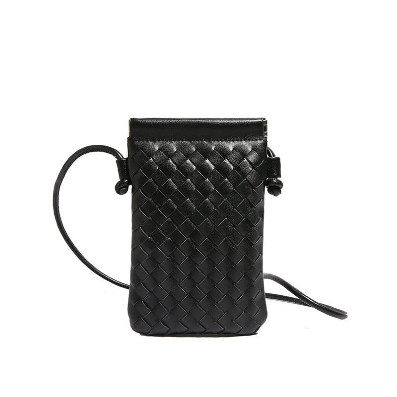 Vintage weave crossbody phone bag in vertical square shape with card slot, shown in multiple colour options