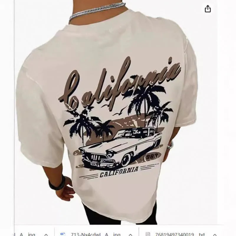 Printed men's street short-sleeved sports t-shirt with digital pattern on flat mop cloth fabric