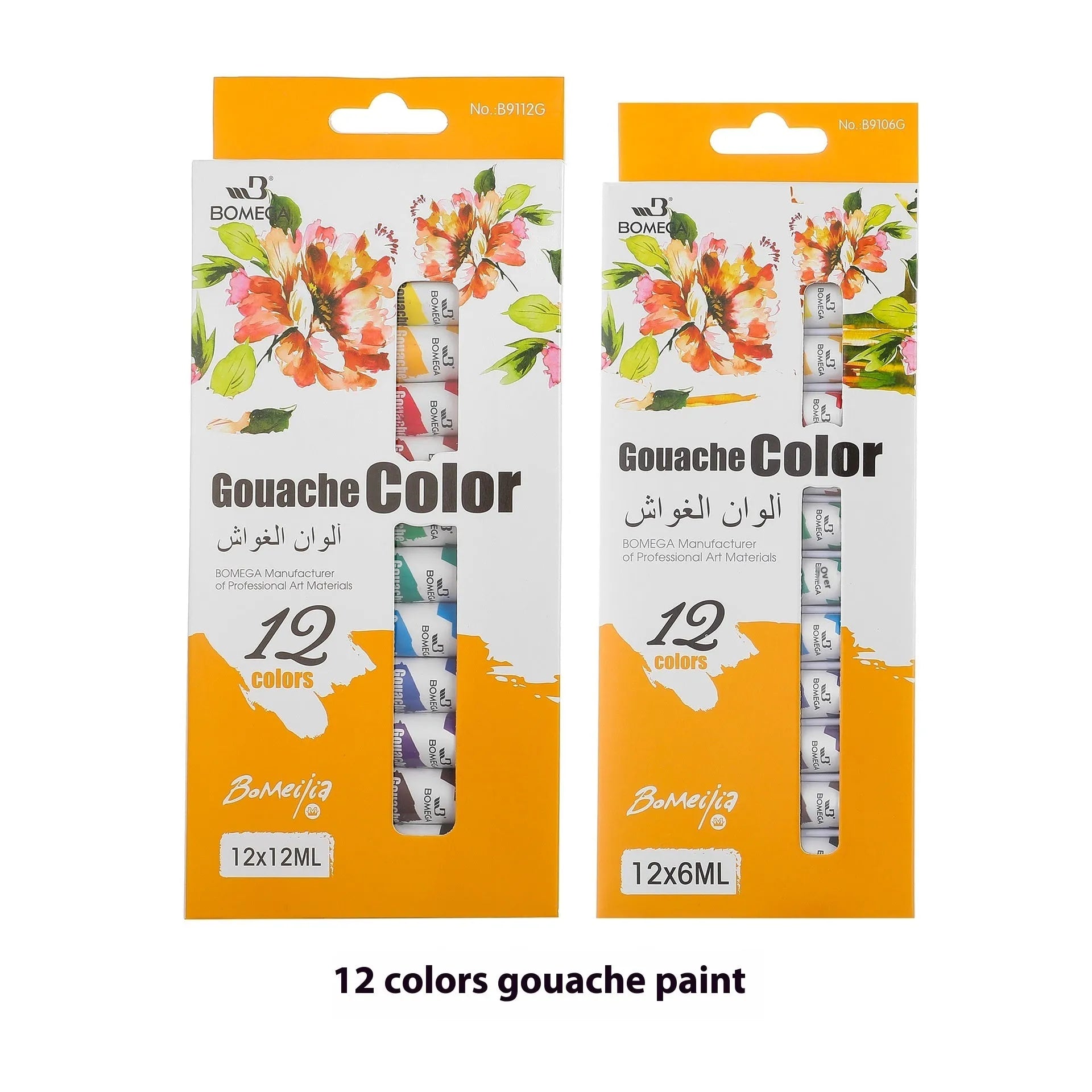 12-colour artist pigment set with tubes for acrylic, gouache, watercolour, oil painting, glass, and textile applications showing 6ml and 12ml size options