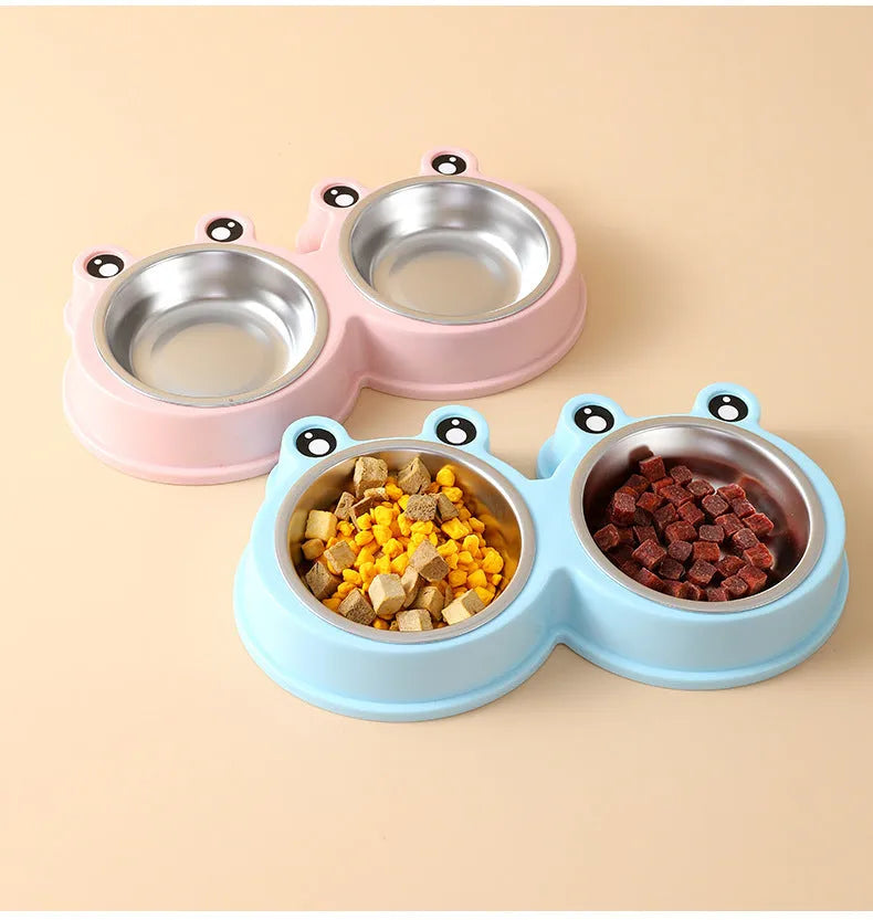 Stainless steel pet feeding bowl with two sections for food and water, in blue colour, measuring 30cm long