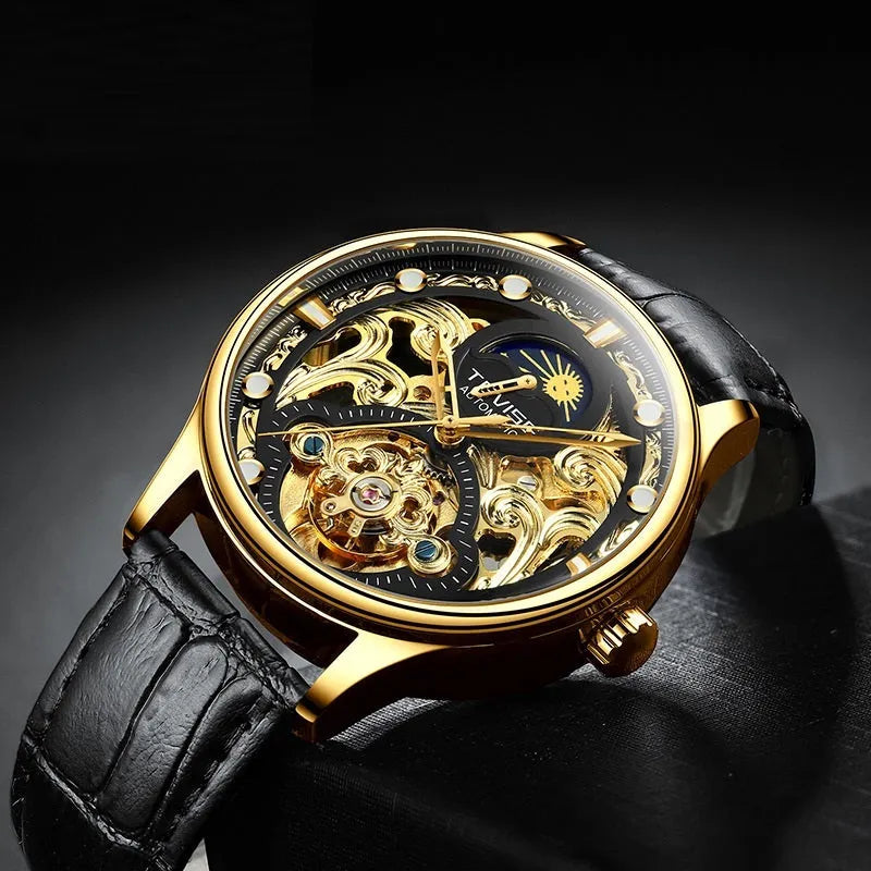 Men's waterproof mechanical watch with gold leather strap, 16mm thickness, and business style design