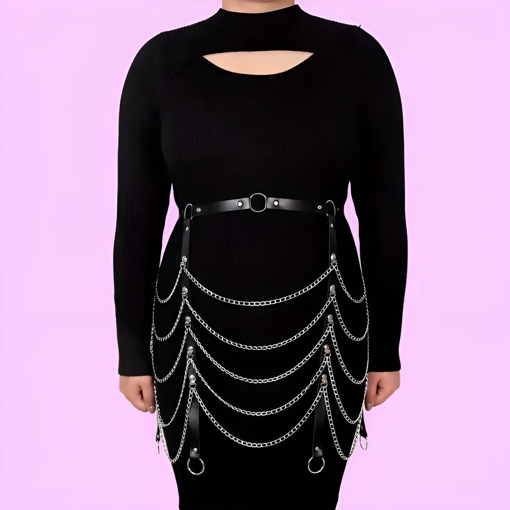 Black PU leather waist chain with adjustable bandage binding and buckle detail.