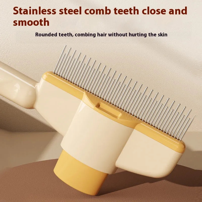 Green and yellow pet comb with stainless steel teeth and a self-cleaning release button.