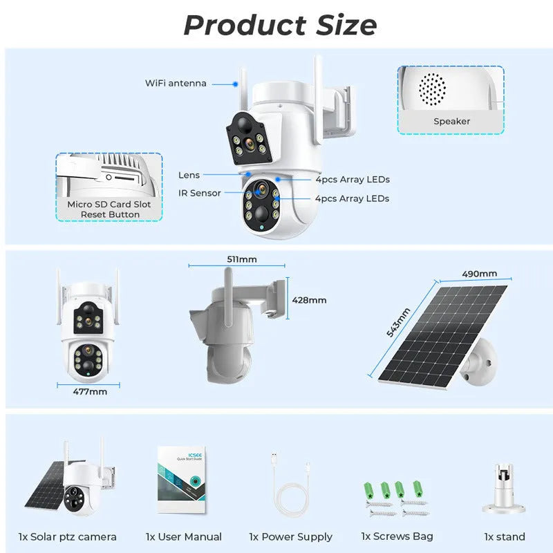 White wireless outdoor security camera with solar panel on a wall bracket.