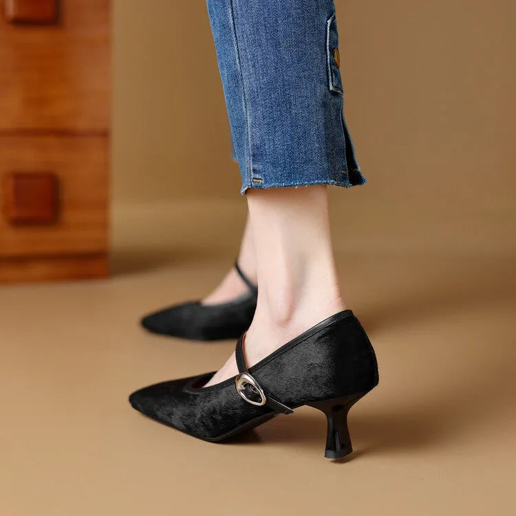 Women's black square toe stiletto ankle-strap shoes with horse hair upper and adjustable buckle closure