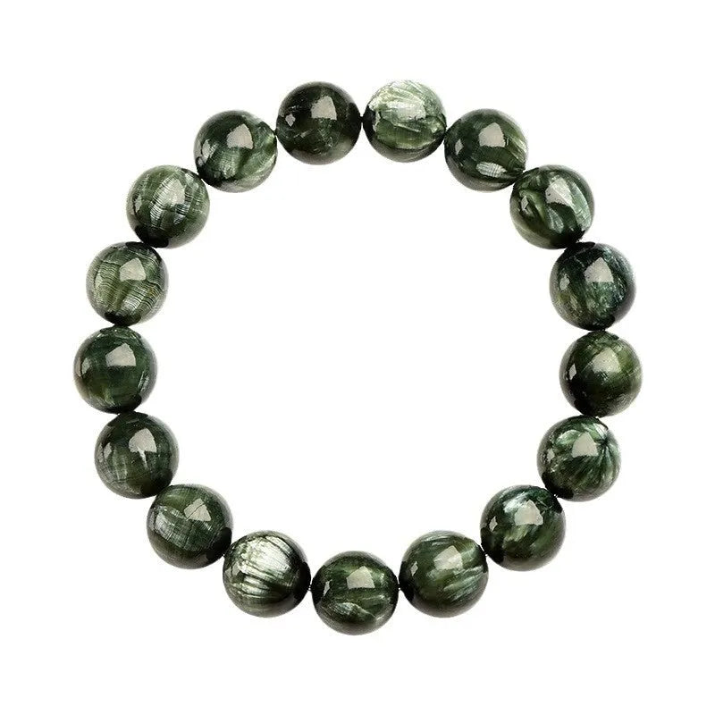 Green Dragon Crystal bracelet with 8-9mm round beads showing Ruyi design detail and geometric shape