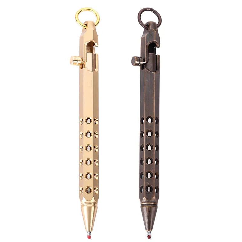 Brass hexagonal bolt roller pen with 0.5mm tip, 13cm length, and retro black refill option.