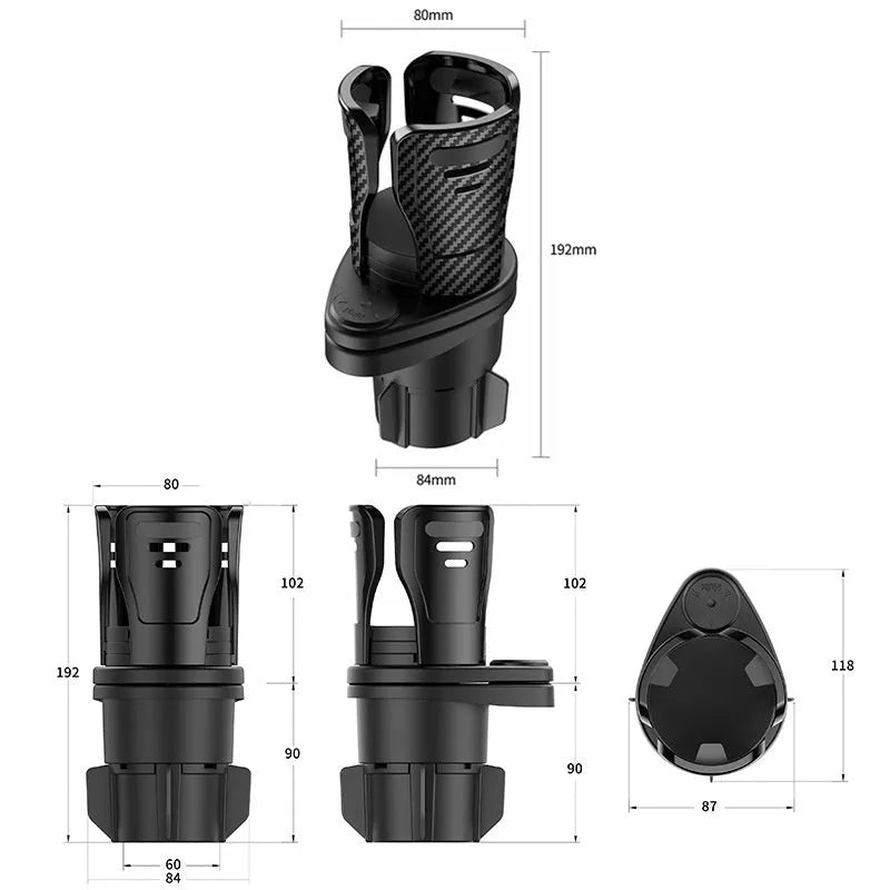 Second generation car cup holder modification with carbon fibre finish showing 8cm diameter ABS plastic construction