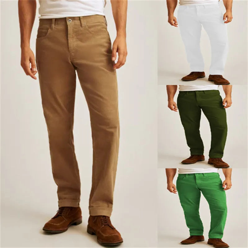 Corduroy straight-leg trousers in loose casual fit with mid-waist design and zip fly closure