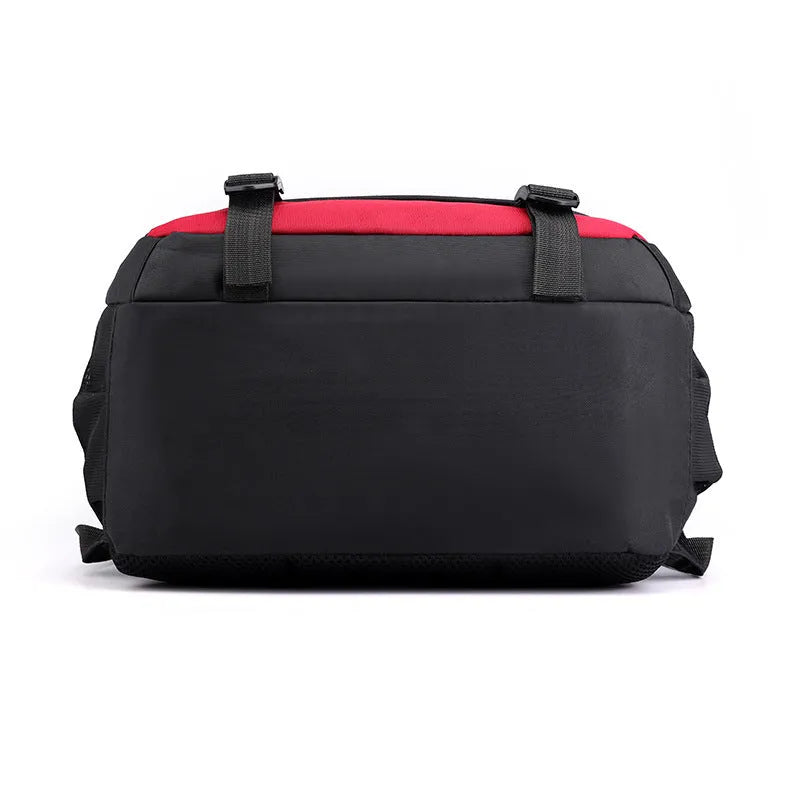 Waterproof nylon schoolbag for high school students with airpillow straps, shown in black, red, blue, and grey colour options.
