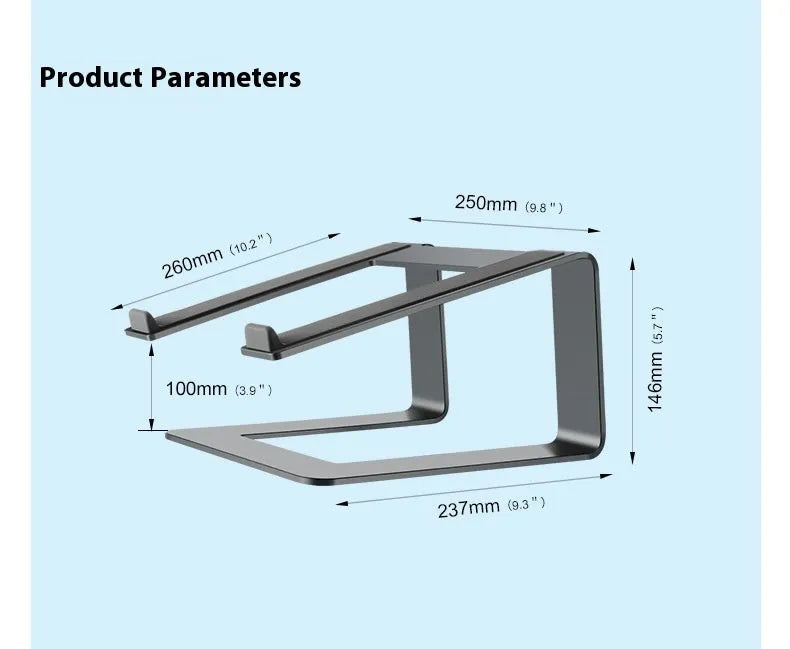 Aluminium alloy laptop stand in black or silver on a desk, showing its raised platform design.