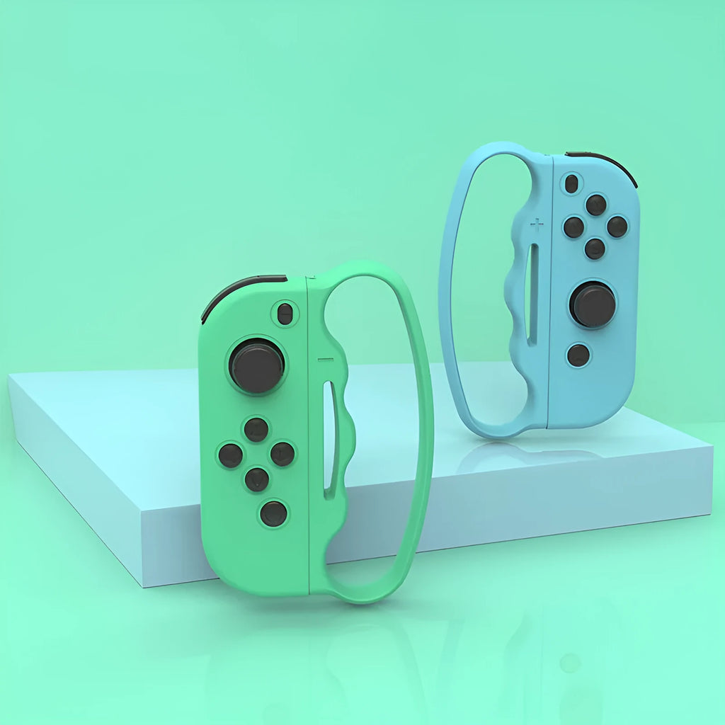 Two Joy-Con game controller grip attachments with hand ropes for Nintendo Switch boxing games
