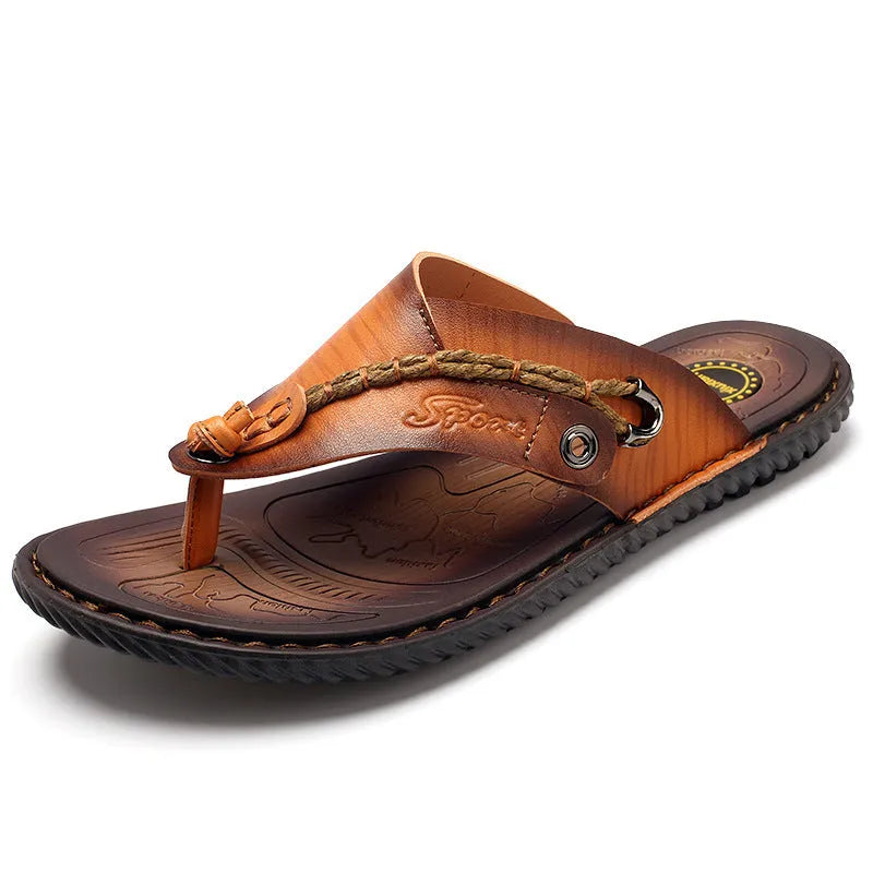 Men's dark blue herringbone pattern outdoor slippers with leather lining and rubber sole