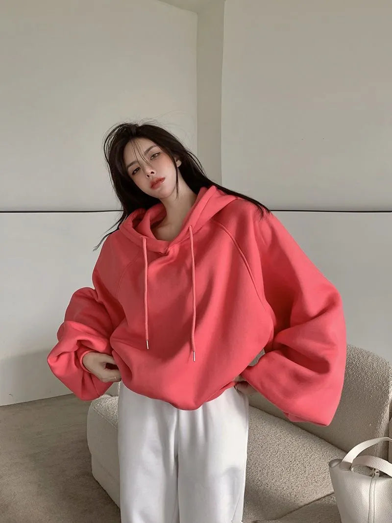 Women's mulberry silk hooded sweater in watermelon red, sleeveless design with hood, loose fit