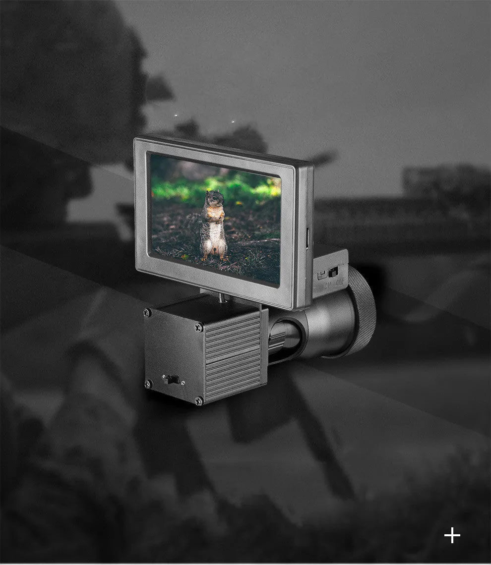 Black digital night vision monocular with 4.3-inch screen, shown with two 18650 batteries.