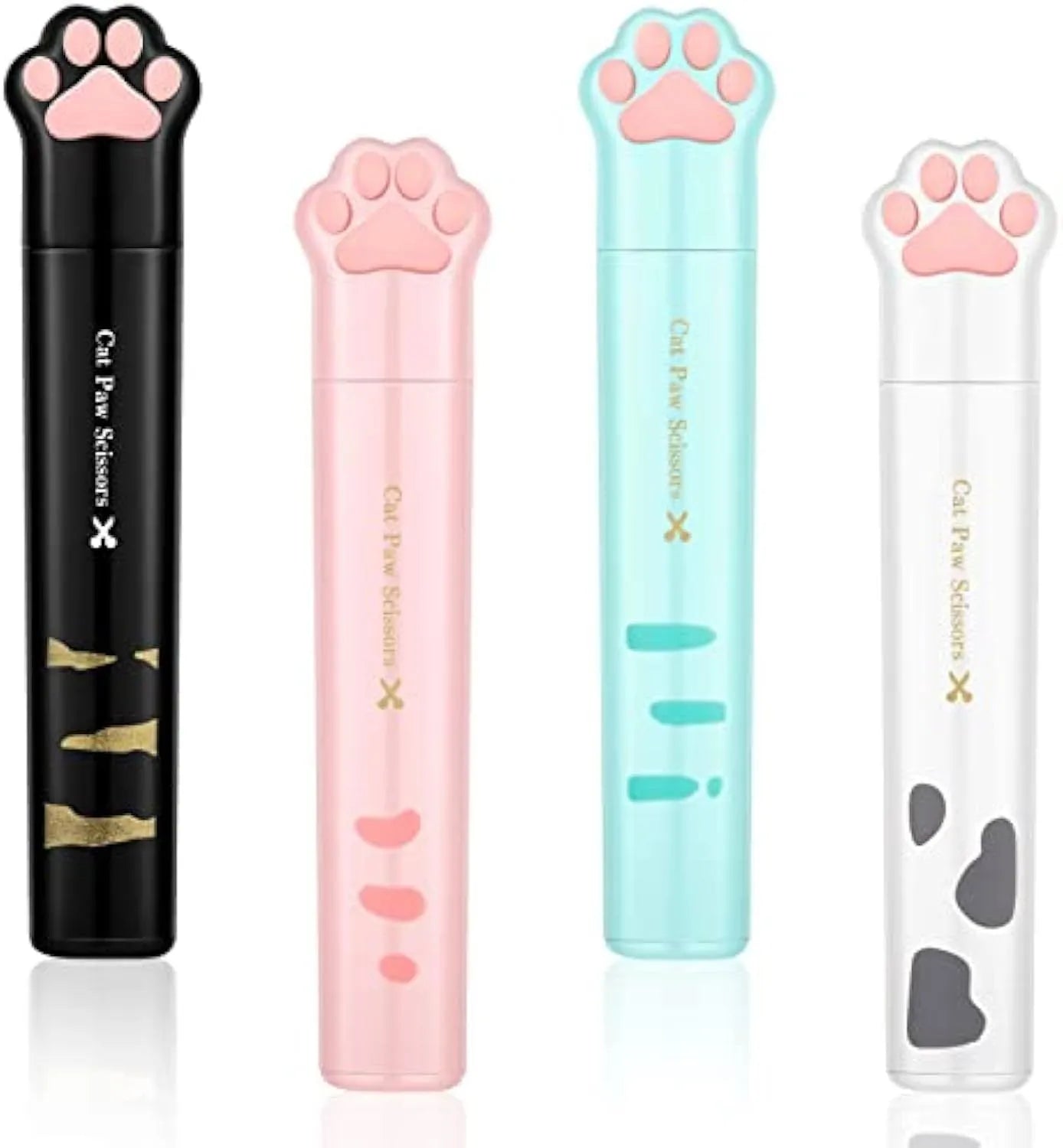 Cat paw mini folding scissors in four colours showing stainless steel blades and compact 8.7cm size