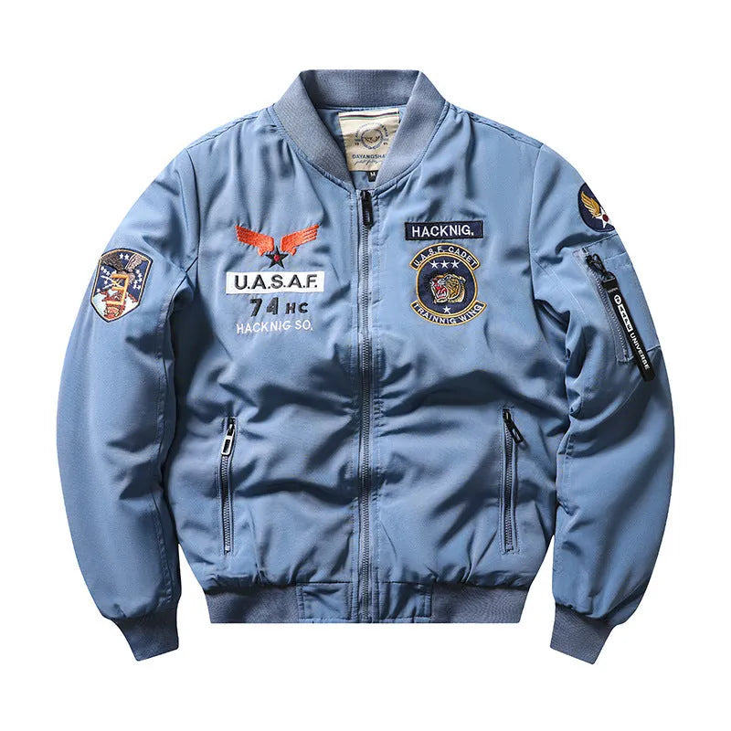 Slim-fit stand collar motorcycle coat with retro embroidery detailing on chest, showing patch pockets and cotton-padded construction