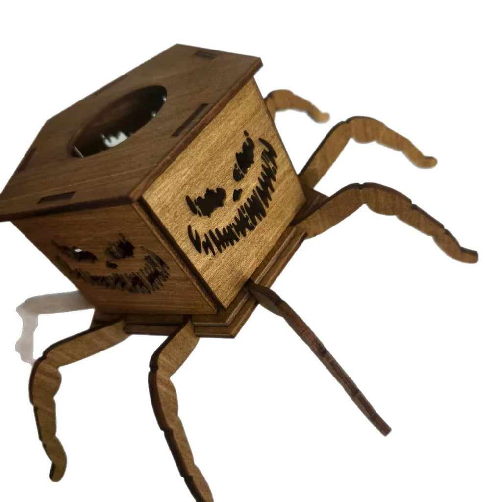 Wooden spider silhouette candlestick measuring 21cm tall with 8.5cm base for Halloween decorations