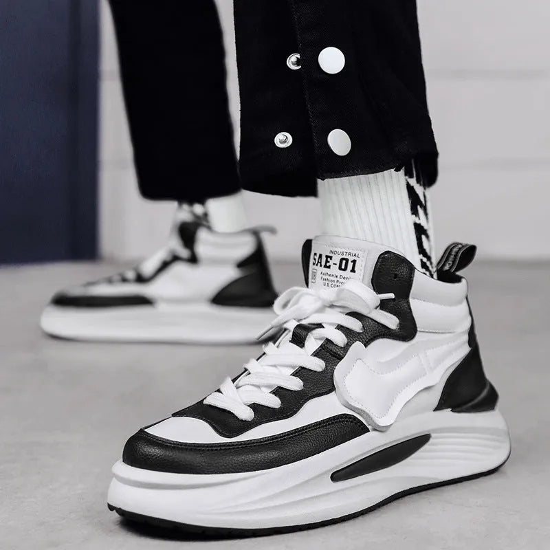 Men's black and white high-top board shoes with round toe and platform sole