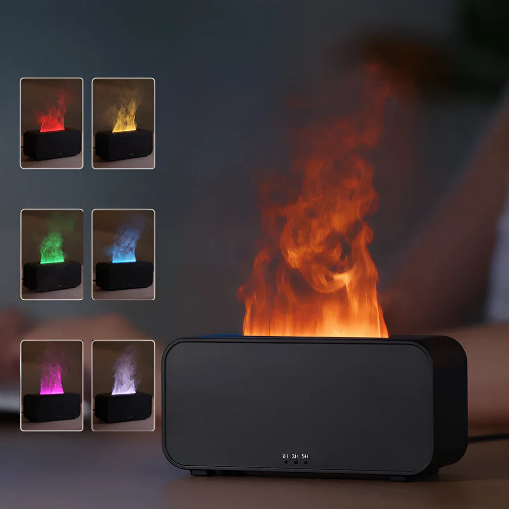 White USB aromatherapy diffuser with simulated flame and jellyfish smoke effect on wooden table