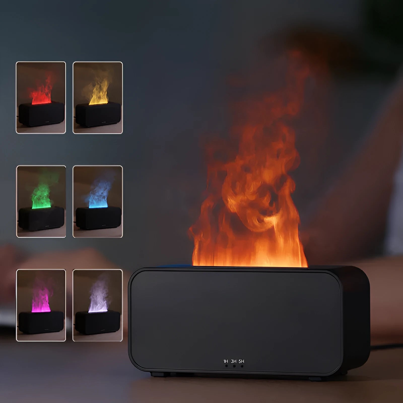 White USB aromatherapy diffuser with simulated flame and jellyfish smoke effect on wooden table