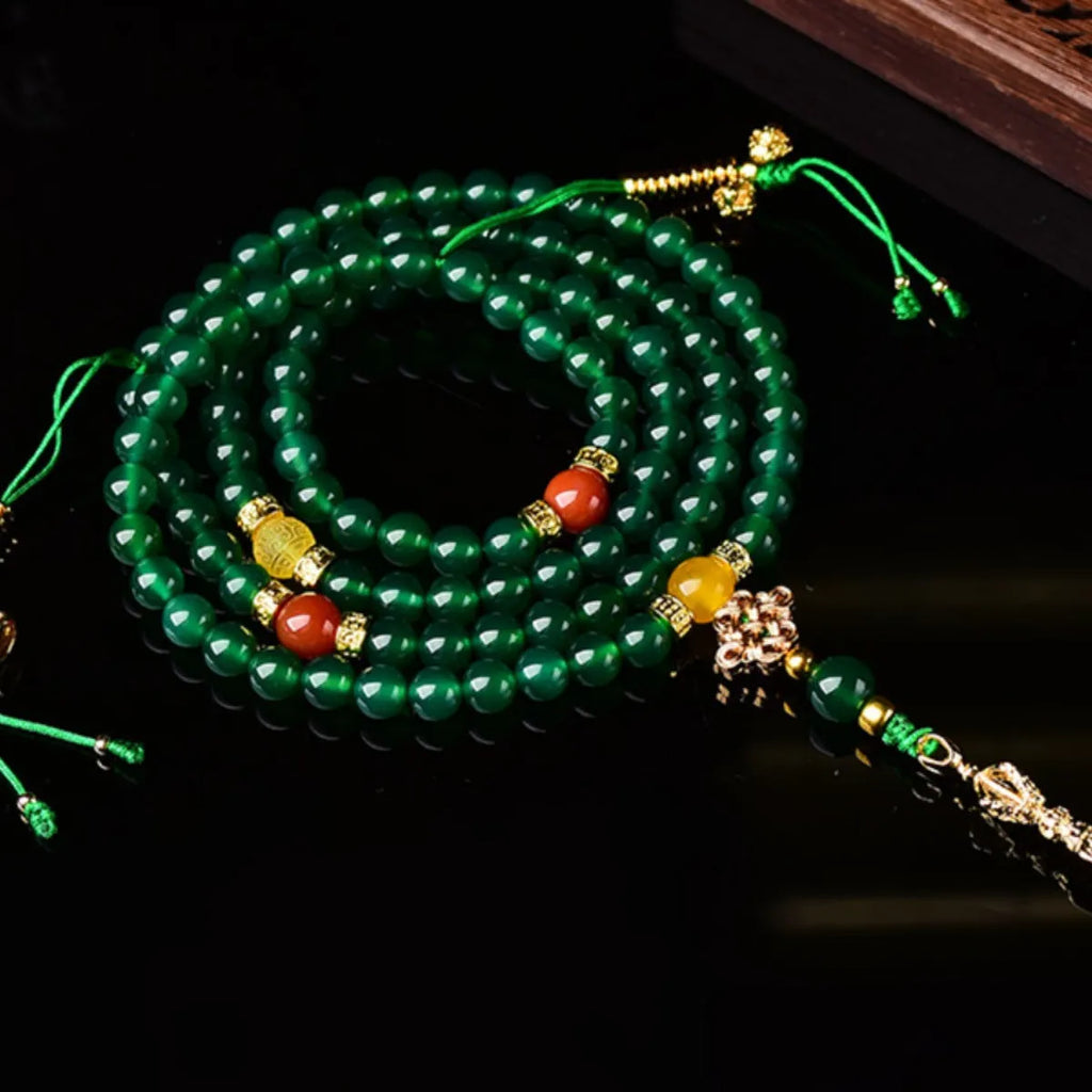 Handmade multi-circle bracelet with natural green agate beads from Brazil.