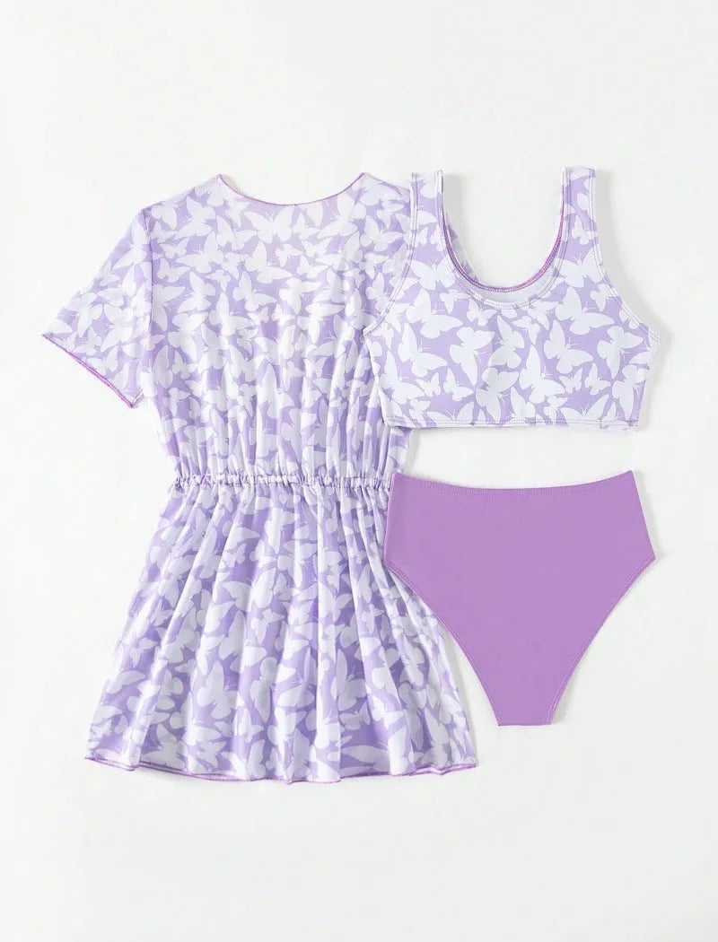 Girls three-piece polyester swimsuit set with coat, vest, and pants in colour 3218