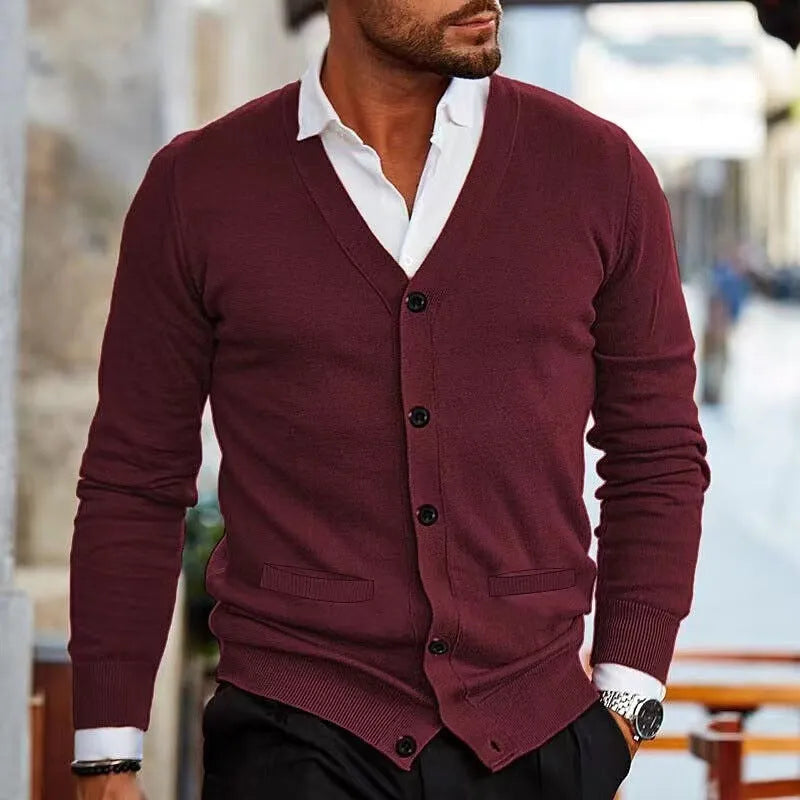 Men's slim-fit acrylic cardigan sweater in dark grey, showing cardigan style with long sleeves and standard autumn thickness
