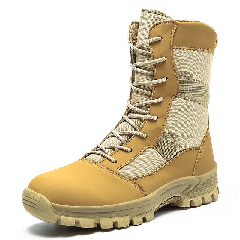 Men's black high-top Martin boots with mesh upper and totem design, size 42 on wooden floor