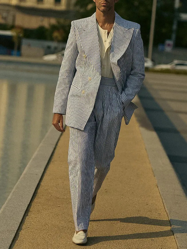 Blue and white striped suit set with blazer and trousers in regular fit