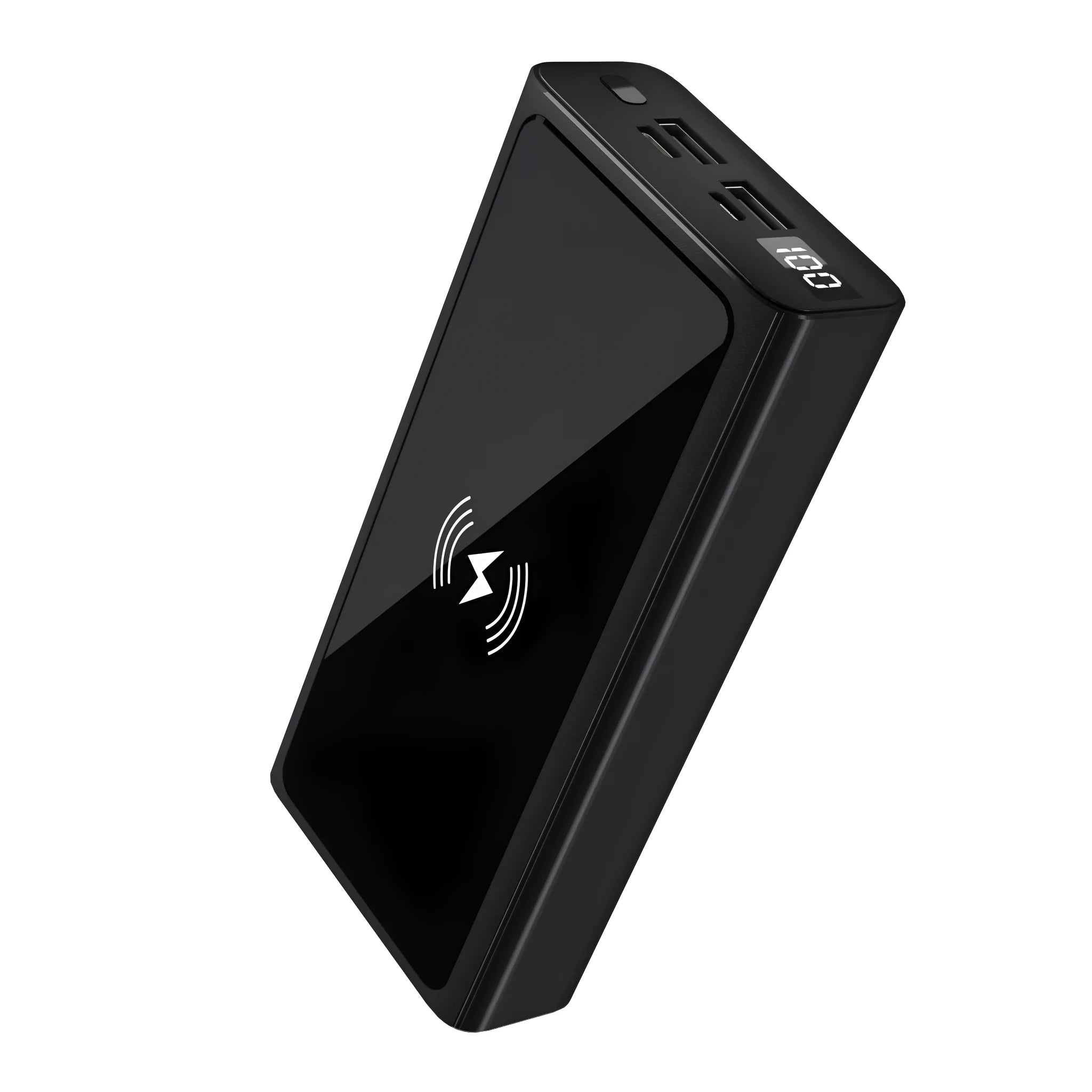 Black and blue alloy-cased portable power bank with wireless charging surface and 10000mAh capacity