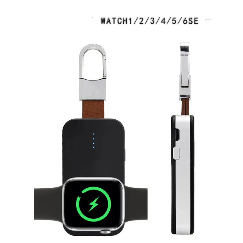Black Apple Watch wireless charger power bank with 1000mAh battery, 8mm charging distance, compatible with 1st-4th generation models