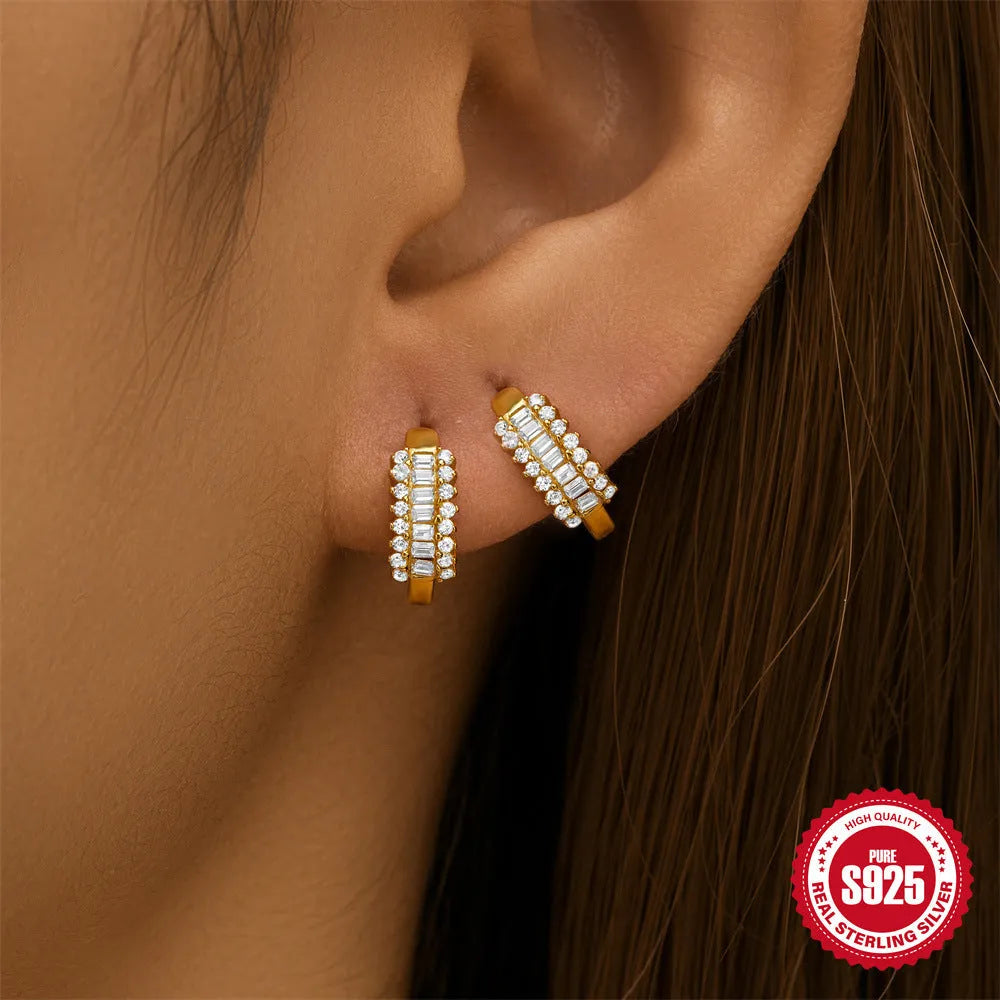 Sterling silver geometric stud earrings with round circle design, S925 silver with electroplated finish