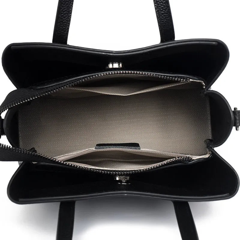 Women's cowhide leather shoulder handbag in horizontal square shape with contrast colour details and single strap