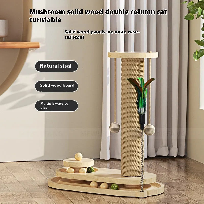 Solid wood cat turntable scratching post showing 60cm height and 30cm diameter rotating surface with multiple design options