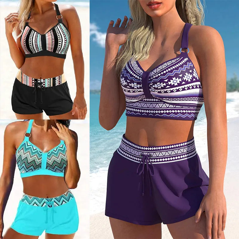 Women's two-piece polyester bikini swimsuit in print patterns and navy blue colour
