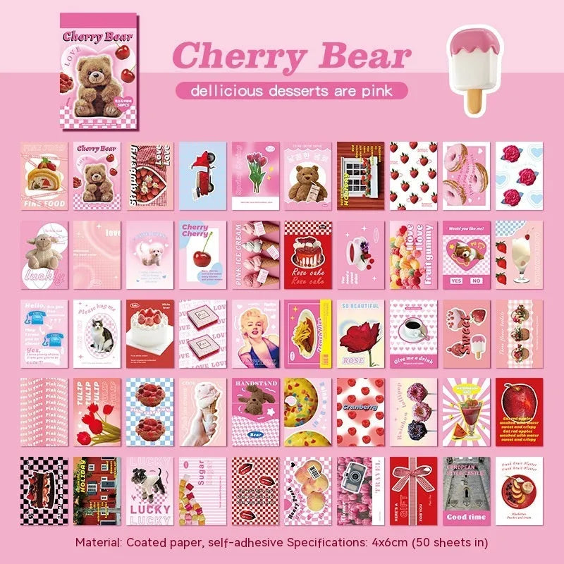 American retro journal sticker book showing 4x6cm cartoon designs in six colours on copper board paper