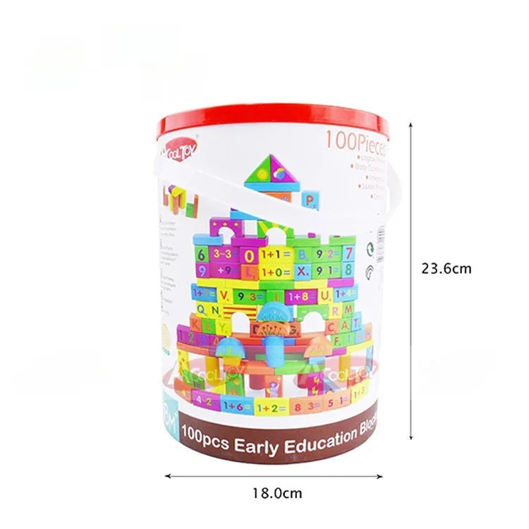 Large wooden educational building blocks toy set for infants in a barrel pack, 18x18x23.6cm